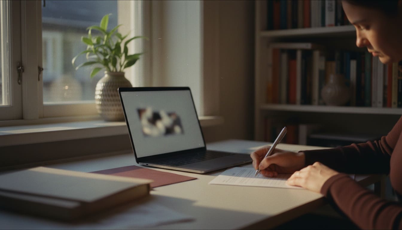 Hand macht Notizen an einem Schreibtisch am Fenster im Nachmittagslicht