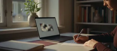 Hand macht Notizen an einem Schreibtisch am Fenster im Nachmittagslicht