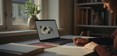 Hand macht Notizen an einem Schreibtisch am Fenster im Nachmittagslicht