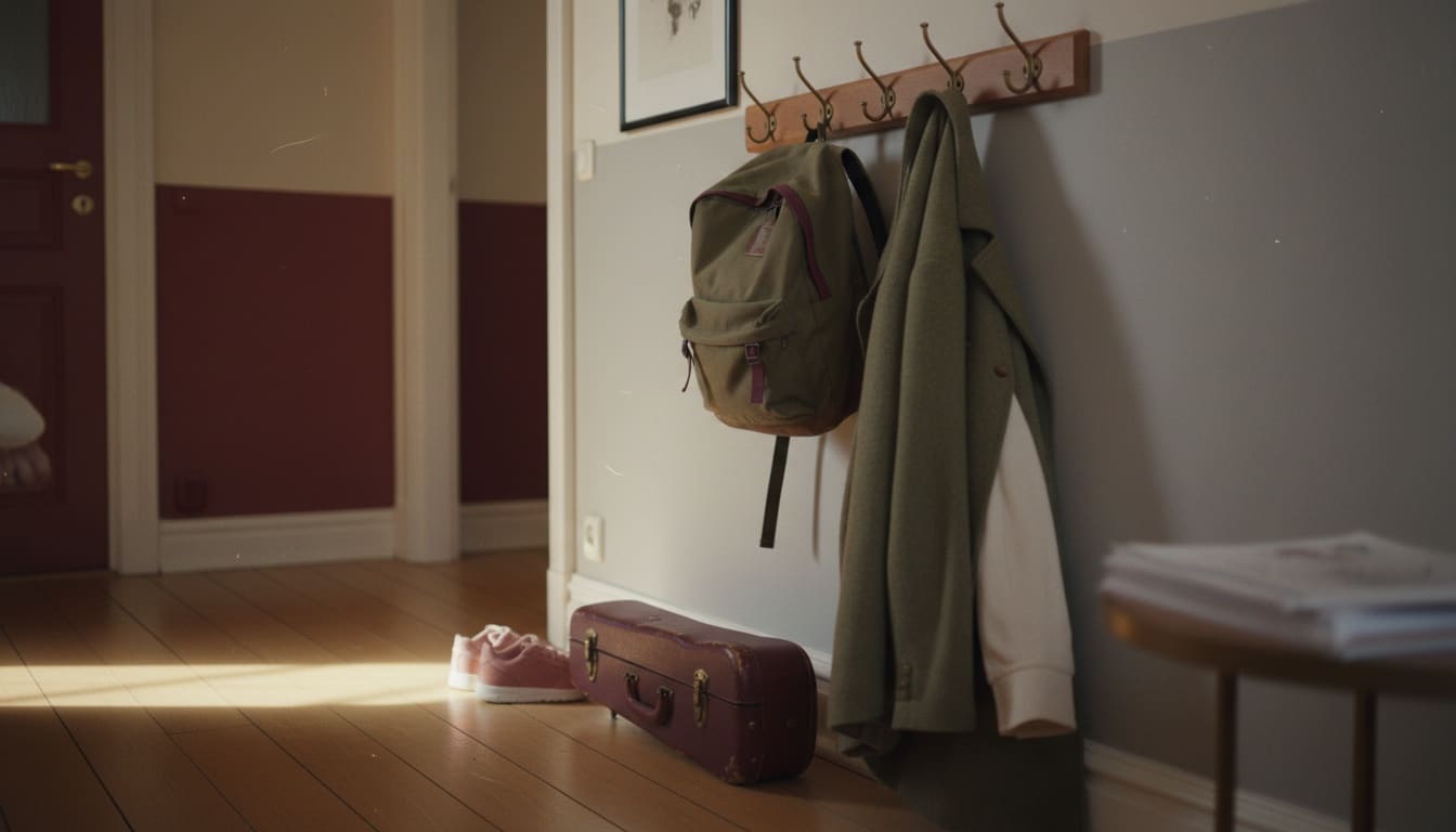 Flur mit Schulrucksack, Geigenkasten und Kinderschuhen im Nachmittagslicht