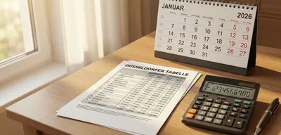 Hand blättert in einem Kalender auf einem Holztisch im Nachmittagslicht