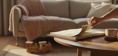 Hand blättert in einem Kalender auf einem Holztisch im Nachmittagslicht