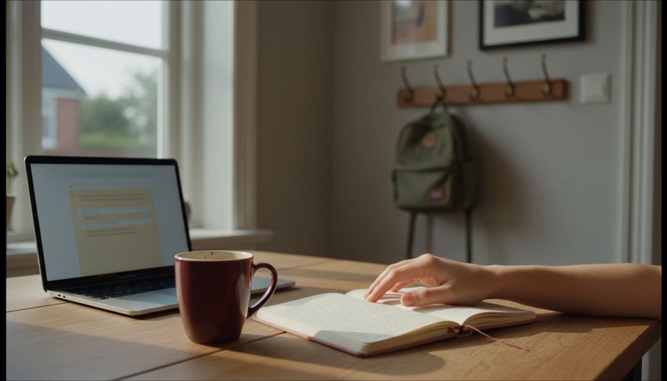 Hand an einem Küchentisch neben Notizheft und Tasse im Nachmittagslicht