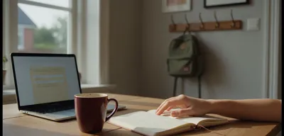 Hand an einem Küchentisch neben Notizheft und Tasse im Nachmittagslicht