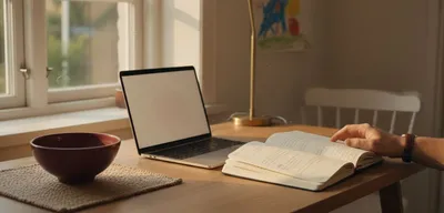 Hand mit einem Kalender an einem Schreibtisch am Fenster im Nachmittagslicht