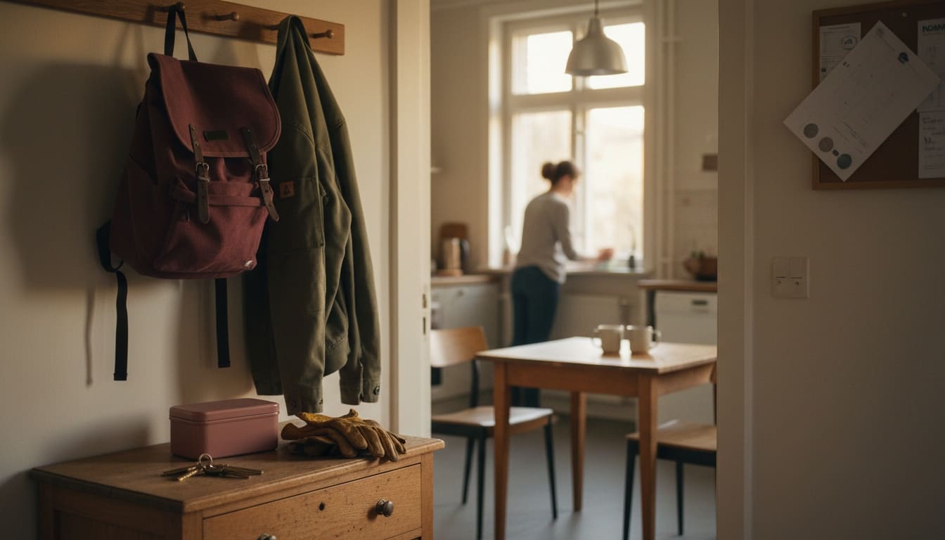 Arbeitsjacke und Rucksack an der Garderobe, darunter Brotdose und Schlüssel im Morgenlicht