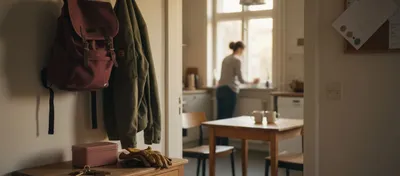Arbeitsjacke und Rucksack an der Garderobe, darunter Brotdose und Schlüssel im Morgenlicht