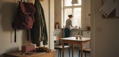 Arbeitsjacke und Rucksack an der Garderobe, darunter Brotdose und Schlüssel im Morgenlicht
